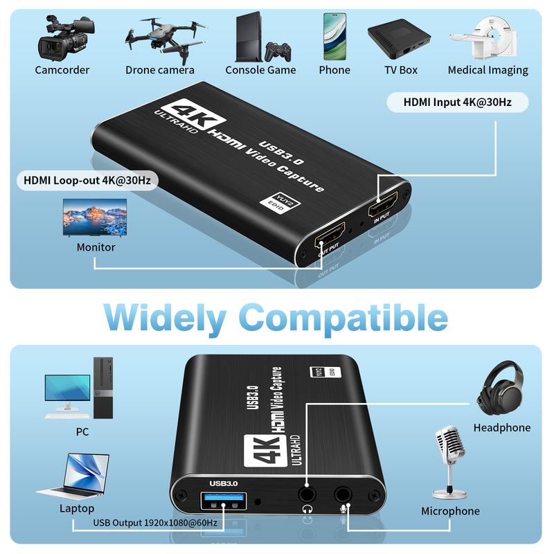 Capture Card, Audio Video Capture Card with Microphone 4K HDMI Loop-Out, 1080p 60fps Video Recorder for Gaming/Live Streaming/Video Conference Video Game Capture for Streaming Works for PS5/Switch/Camera/PC/OBS Share