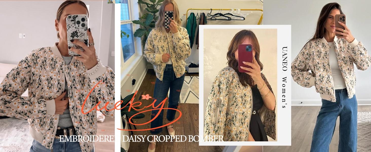 UANEO Women's Embroidered Daisy Cropped Bomber Jacket - Quilted Puffer Coat with Zipper Closure & Side Pockets - Casual Cotton Outerwear