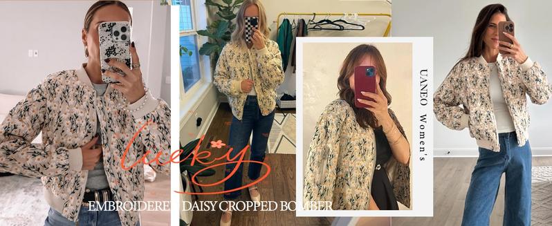UANEO Women's Embroidered Daisy Cropped Bomber Jacket - Quilted Puffer Coat with Zipper Closure & Side Pockets - Casual Cotton Outerwear