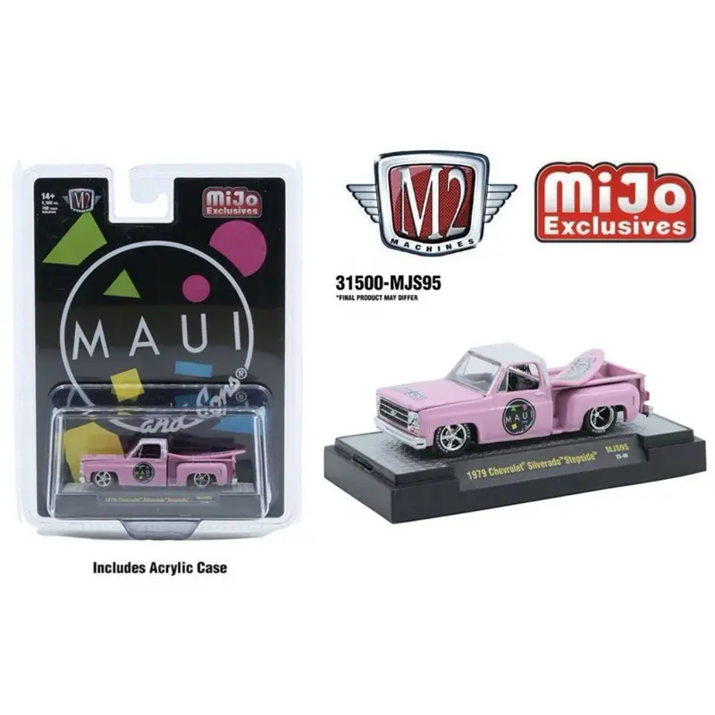 M2 Machines 1979 Chevrolet Silverado Stepside Collectible Metal Diecast Car Truck w/ Maui & Son Pink Surfboard, Model Cars Toy