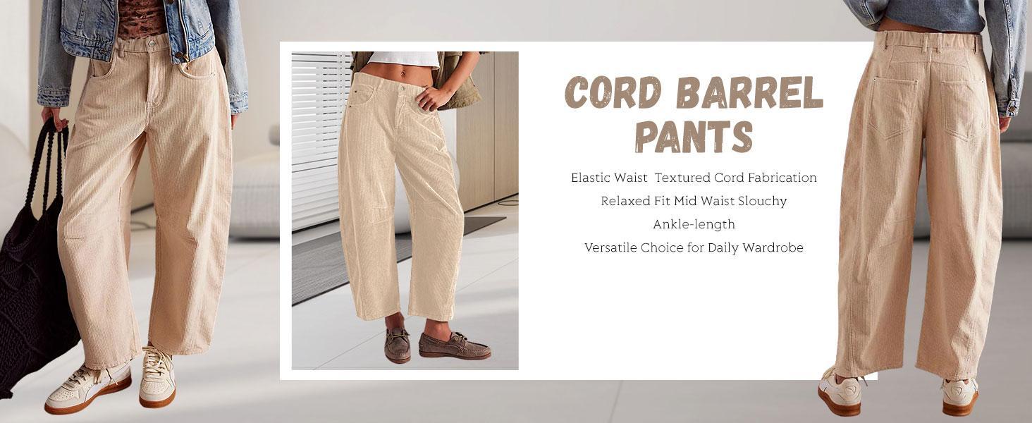 2026 Women's Corduroy Pants Barrel Mid-Rise Elastic Waist Cord Pants Springfresh Casual Wide Leg Baggy Trouser with Pockets..