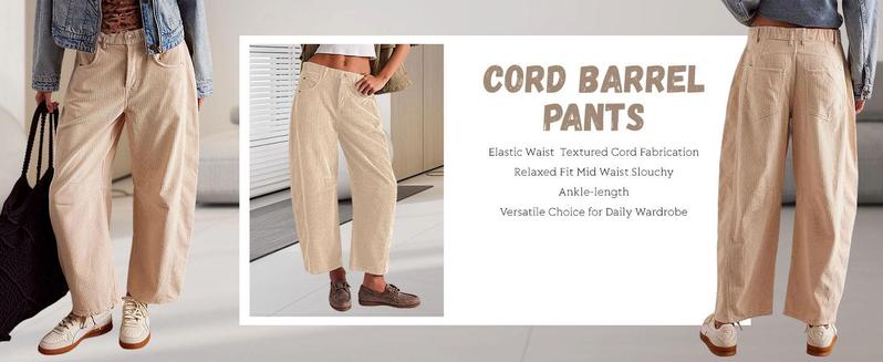 Tanming Women's Corduroy Pants Barrel Mid-Rise Elastic Waist Cord Pants Springfresh Casual Wide Leg Baggy Trouser with Pockets