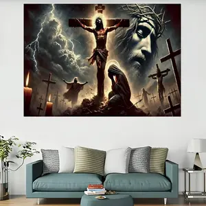 Jesus Crucifix Tapestry - Polyester fabric, vibrant colors and dramatic religious scenes, machine washable for decoration, suitable for religious art wall paintings in bedrooms and living rooms
