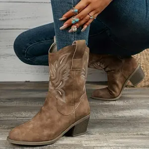 Comfortable Women's Chunky Heel Cowboy Boots, Fashion Slip On Western Boots