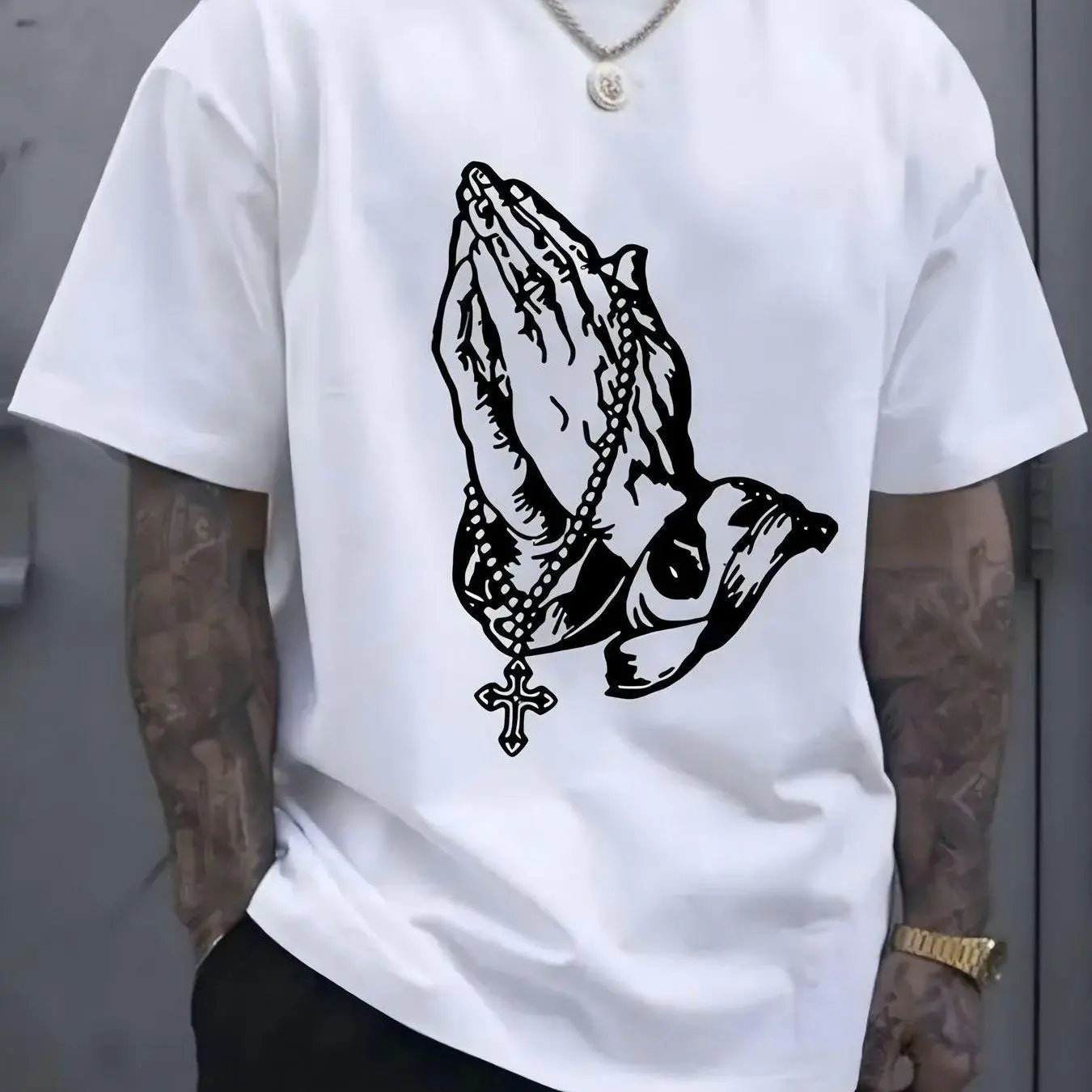 Men's "Pray" Graphic Cotton T-Shirt - White, Breathable & Comfortable, Short Sleeve, Round Neck, Casual Summer Wear, Everyday Clothing |     Streetwear Fashion |     Smooth Texture