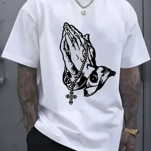 Men's "Pray" Graphic Cotton T-Shirt - White, Breathable & Comfortable, Short Sleeve, Round Neck, Casual Summer Wear, Everyday Clothing |     Streetwear Fashion |     Smooth Texture