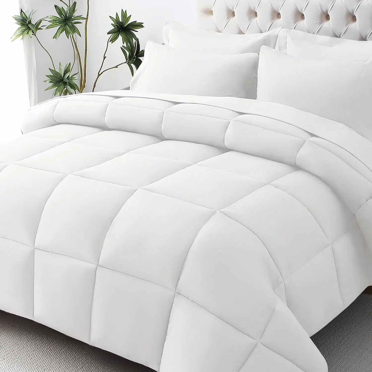 JOLLYVOGUE Queen Comforter Set, Ultra-Soft Bed in a Bag Size 7 Pieces, Oeko-TEX Certified Bedding Set with Down Alternative Comforter, Sheets, Pillowcases & Shams, White Quilted Duvet Set Lightweight Duvet Set