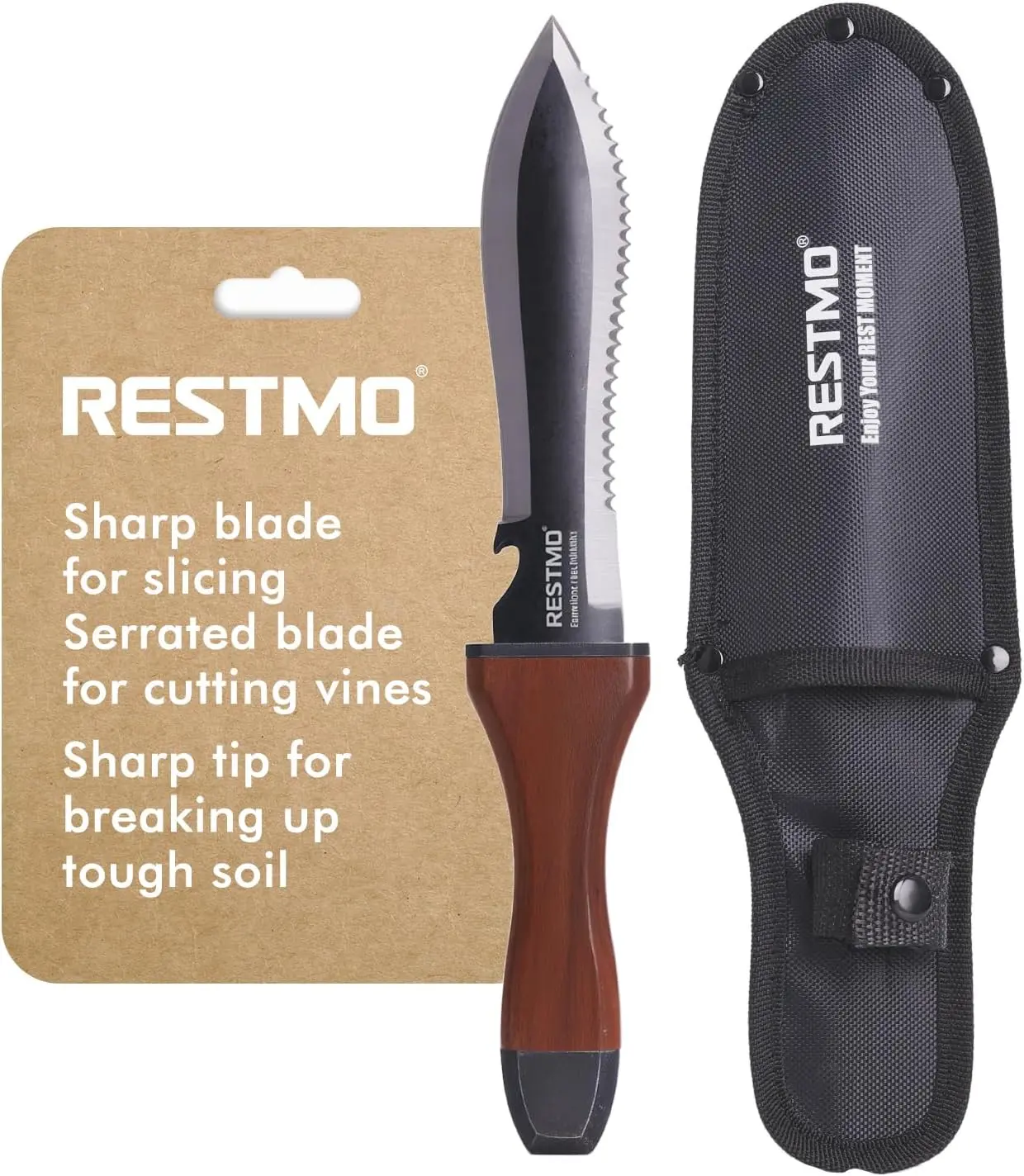 Restmo Hori Hori Garden Knife with Sheath, Durable Weeding and Planting Tools, High-Strength Stainless Steel Dual-Edge Blade, Ergonomic Walnut Handle for Gardening and Outdoor Use, Serrated Blade, Tough Materials, Easy Storage, Convenient Belt Sheath