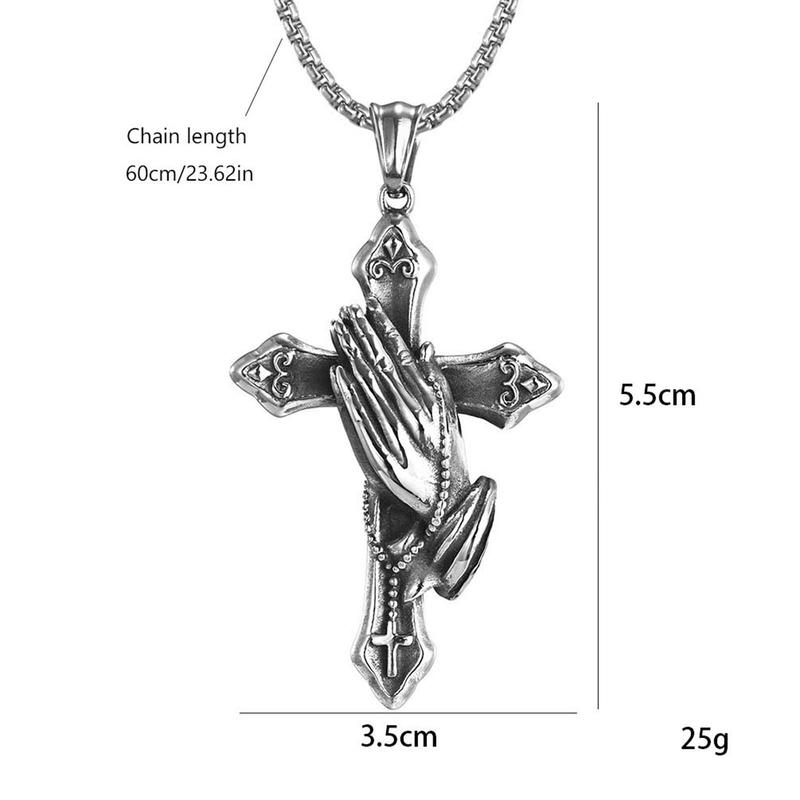 KISSFOO Stainless Steel Praying Hands Cross Necklace Prayer Accessories for Men and Women