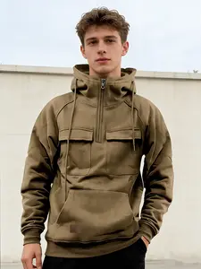 Quarter Zip, Men's Oversized Hoodie Multiple Pockets Fleece Pullover Hiking Outdoor Winter Casual