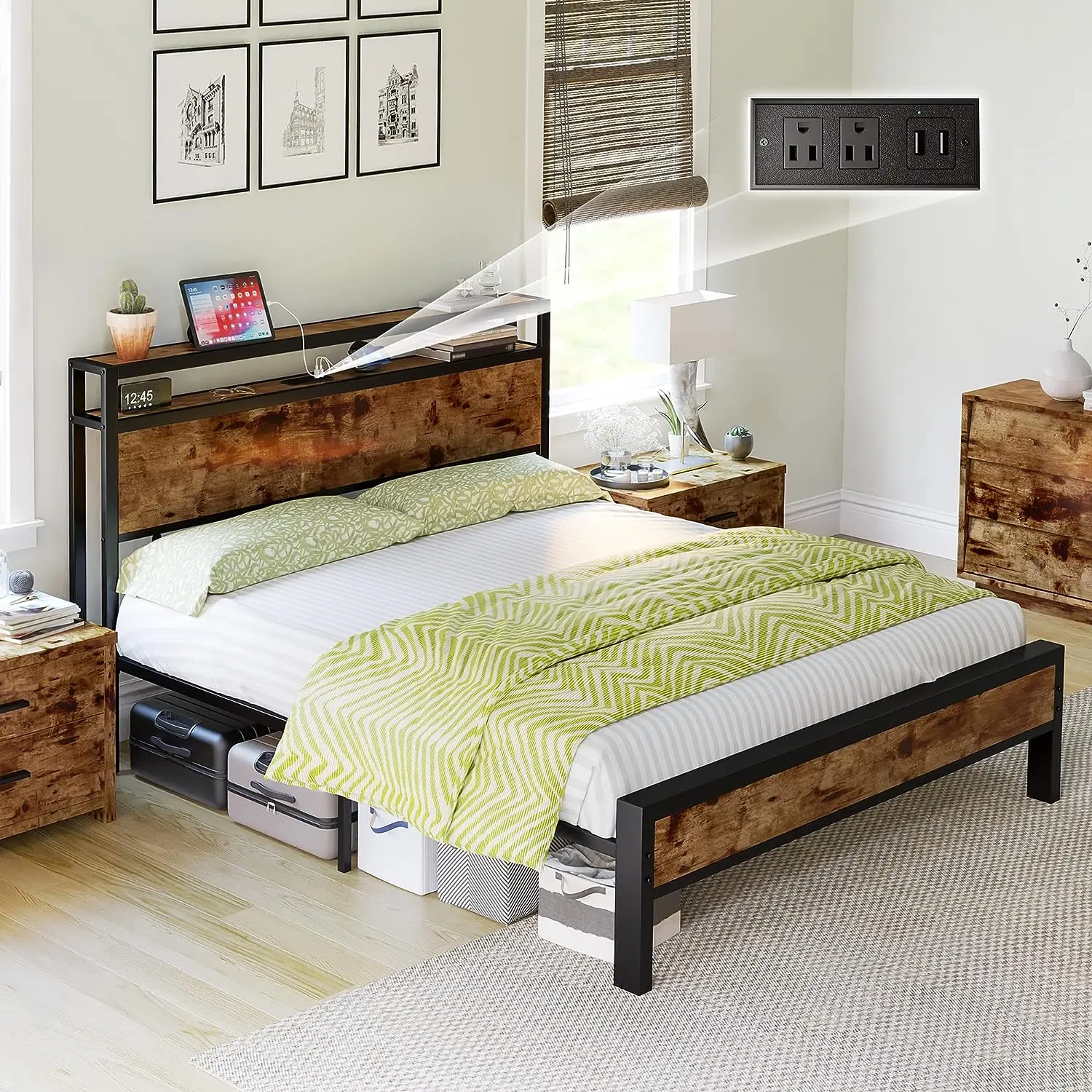AMERLIFE Industrial Full/Queen/King Size Bed Frame, Rustic Metal Bed Frame with 2-Tier Storage Headboard and Charging Station, No Box Spring Needed/No Mattress/Small Unique Home Furniture Room/Best Gift Ideas/Christmas Gifts