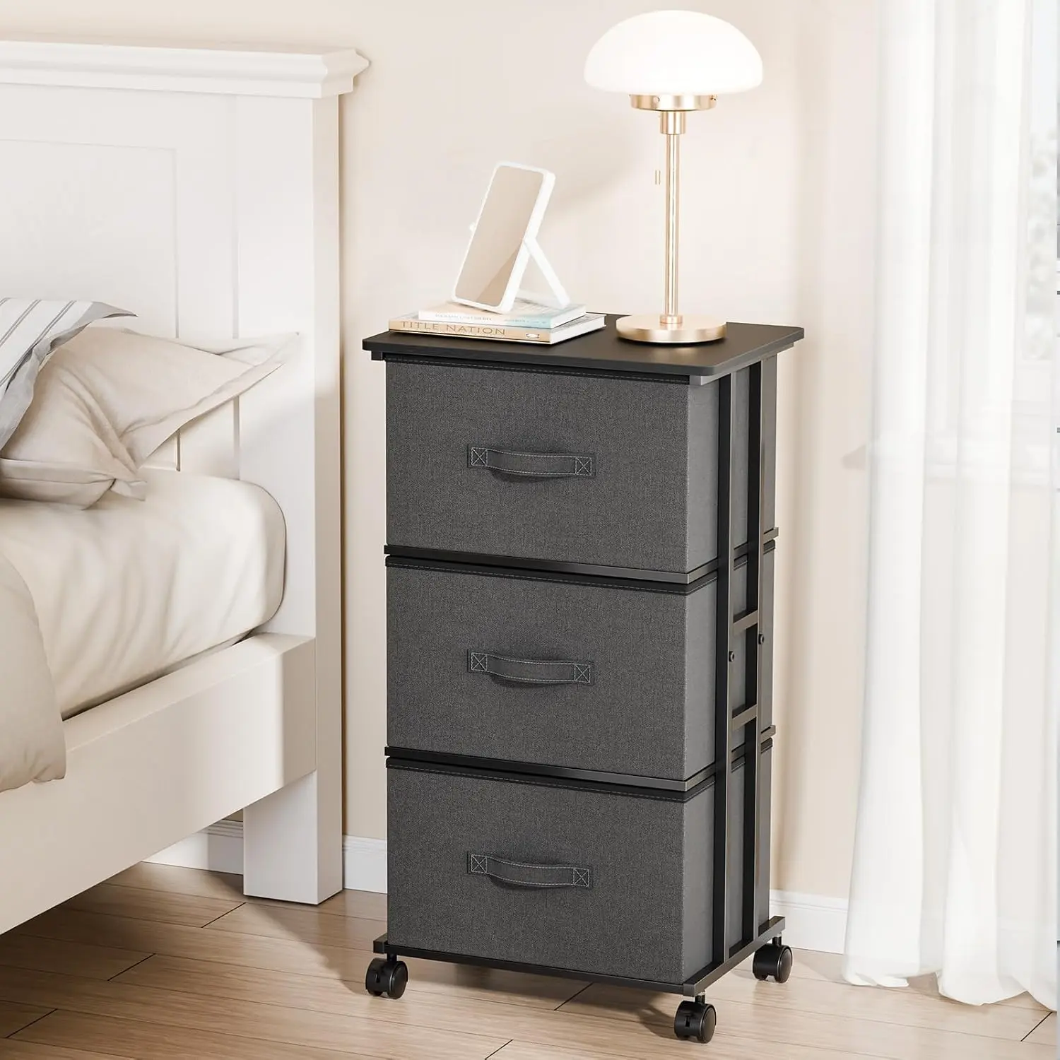 3 Drawer Dresser with Wheels, Rolling Nightstand for Bedroom, Fabric Storage Cabinet with Removable Bins, Small Bedside Table Organizer in Black/White/Grey/Rust Brown