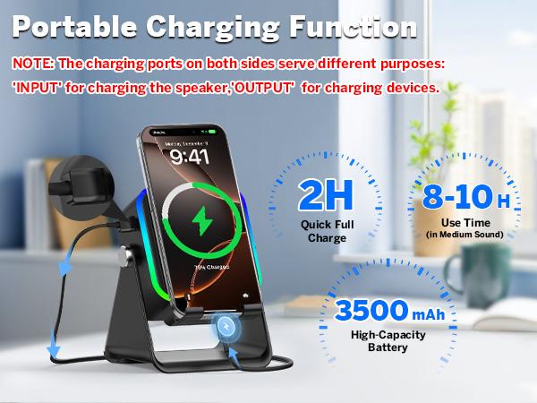 Wireless Induction Audio Speaker Stand, 5in1 Cellphone Holder, 3500mAh Rechargeable Emergency Power Bank,360° Adjustable Mobile Tablet Stand with Colorful Ambient Light Gifts for Men Women