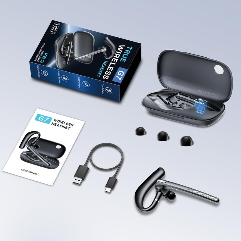 ONE LIFE TECH G7 Single-Ear Bluetooth Headset V5.3 with 500mAh Charging Case Noise-Canceling Mic Hands-Free for Office Driving Business Black Audio Earbud