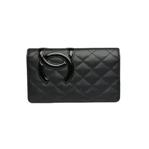 Pre-owned CHANEL leather Tote Bags Medieval Kang Peng Long style Flip Top Wallet Black, 18cm size, Silver Clasp