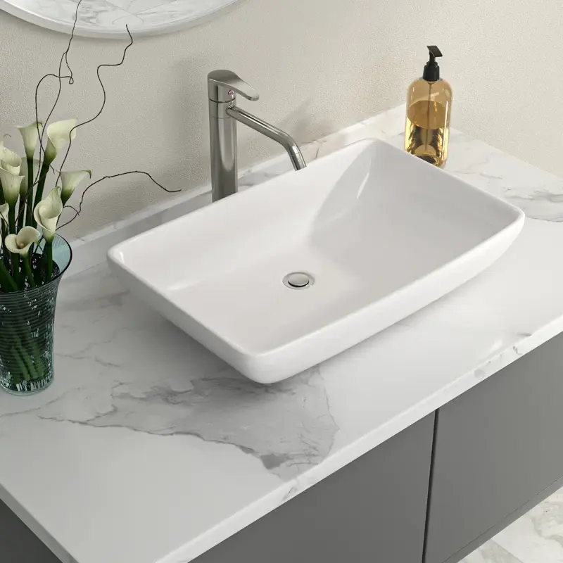 Logmey 24"x15" Large Size High-Density White Rectangular Ceramic Vessel Sink - Above Counter Minimalist Indoor Residential Bathroom Vanity Sink with Overflow Hole for Bathroom Upgrade