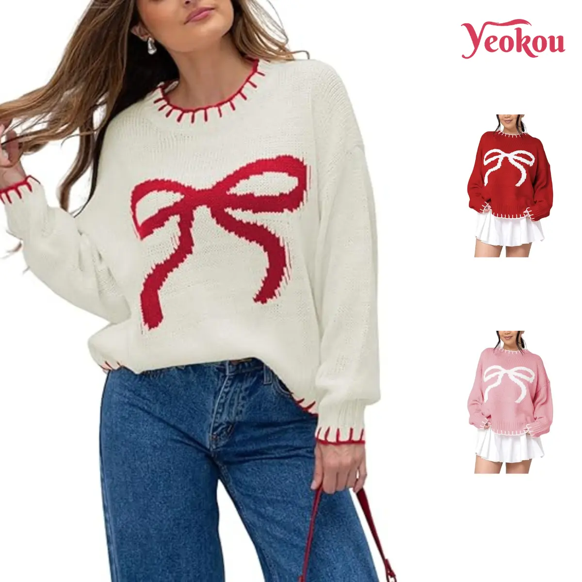 Yeokou Womens Fall Sweater Long Sleeve Crewneck Cropped Knit Sweaters Plus Size Cute Bow Pullover Tops