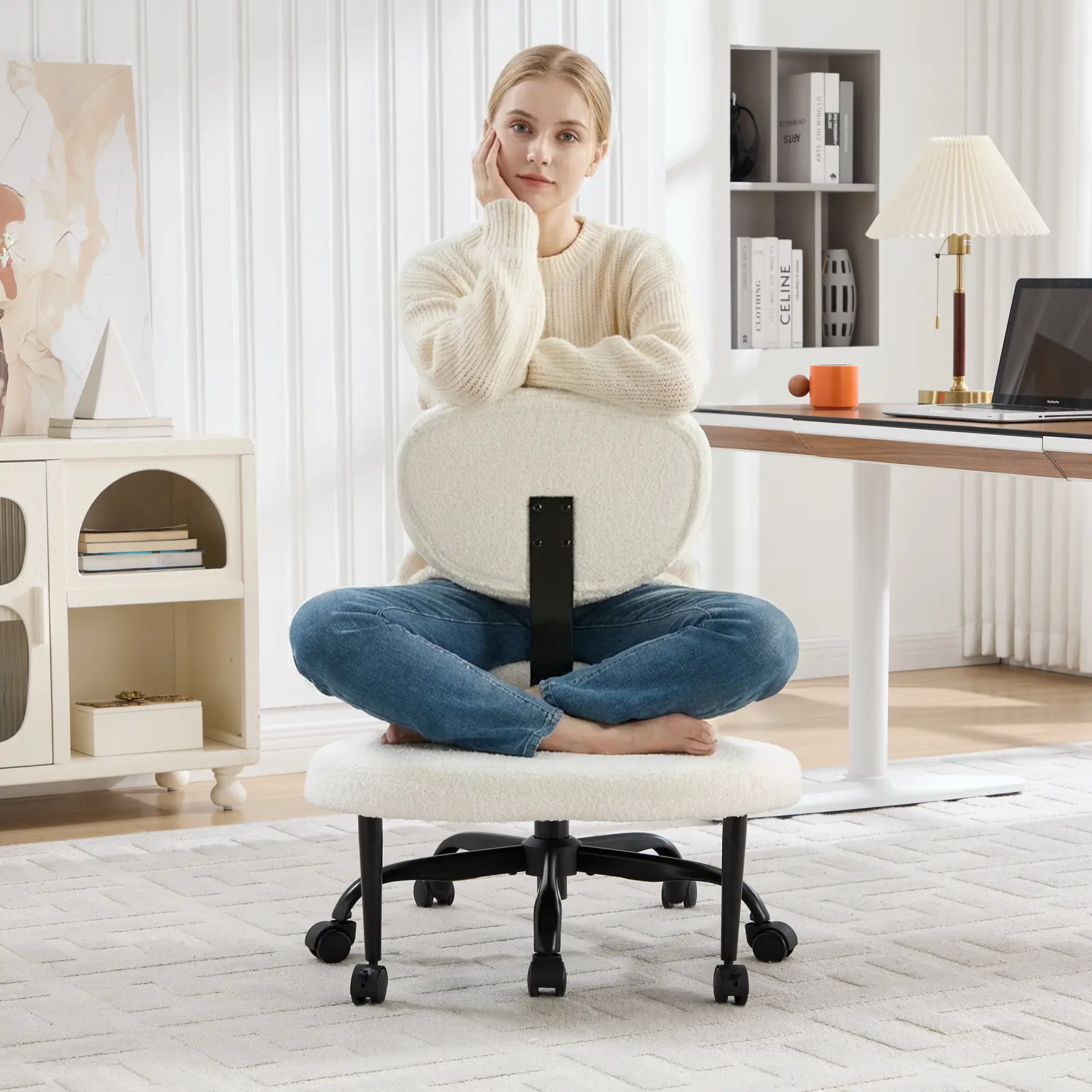 [DealsForYouDays] EBELLO Ergonomic Cross Legged Swivel Chair - Adjustable Height, Teddy Fabric, Back Support, Versatile for Home & Office Use, Cheap Furniture Kneeling Postures