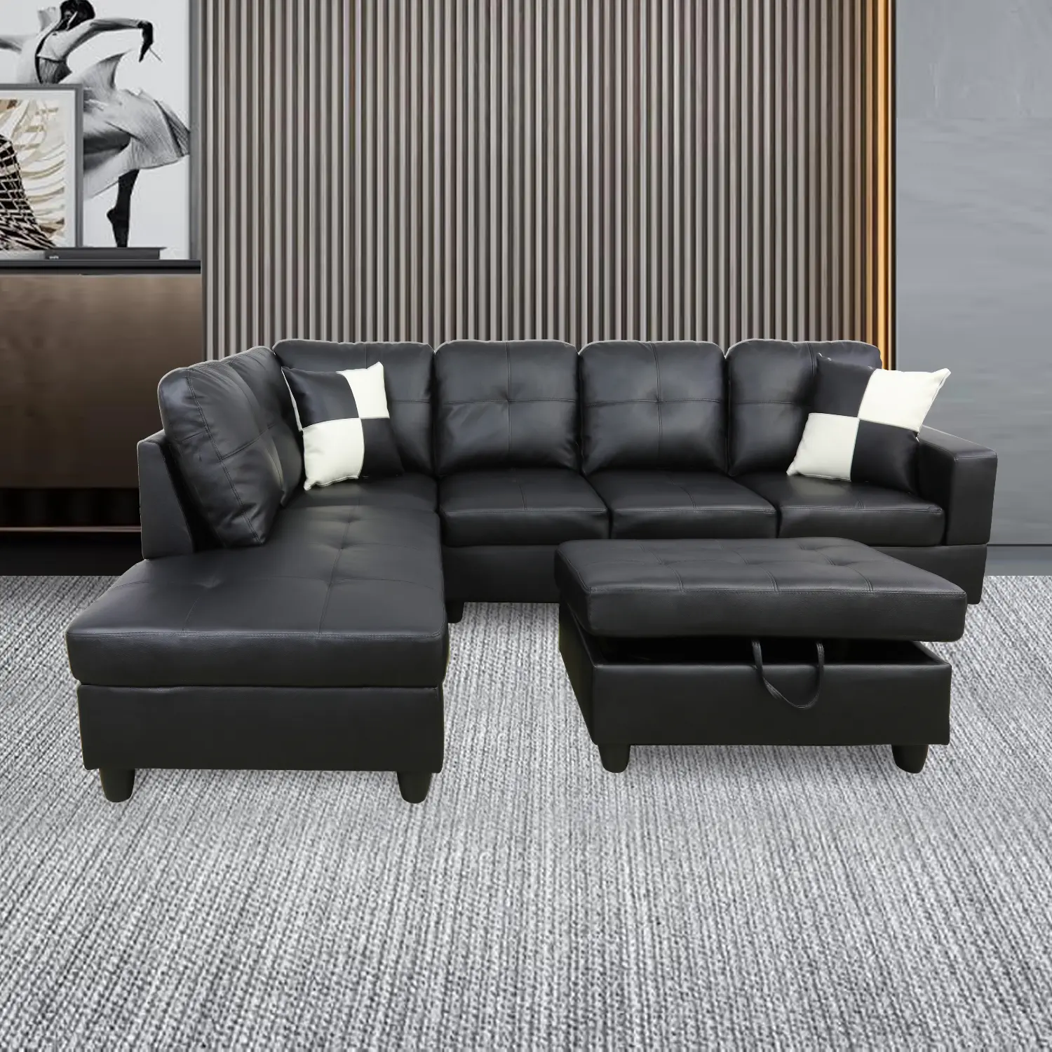 Black Faux Leather L‑Shape Sectional Sofa Couch Set, Tufted Corner Sofa with Storage Ottoman & Throw Pillows for Living Room