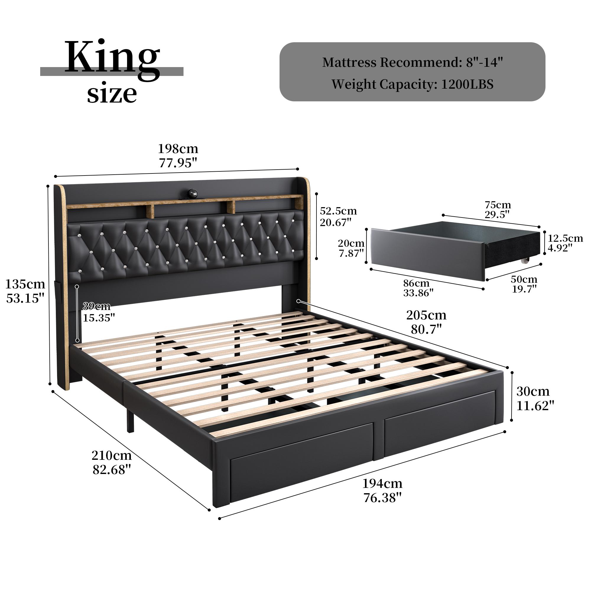 Queen LED Bed Frame with Storage Drawers Upholstered Platform Bed Galaxy Star Projector Charging Station Speaker Aurora Bedframe 2-Tier Storage Headboard Noise-Free PU Leather Velvet Funky Bedroom Furniture