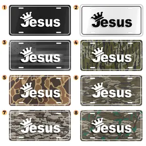Minimal Jesus Crown License Plate, 12x6 Aluminum Vanity Tag, Christian Car Accessory, Black Silver Camo Background