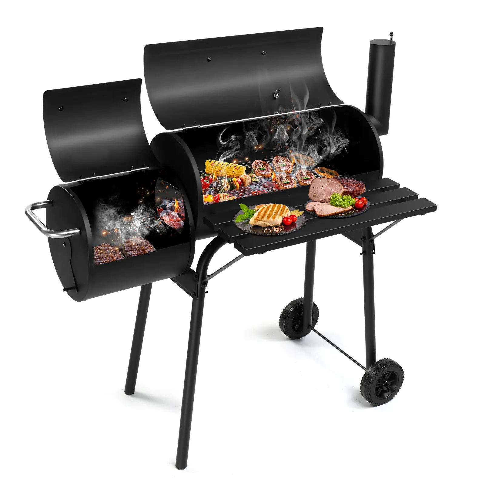 All-Metal Barrel Charcoal Grill with Offset Steel Charcoal Smoker, Side Table, Wheels for Outdoor Garden, Patio Grilling Outdoor Cooking Barbecue, Powder Coating, Cooking Bbq Camping, Offset Smoker, Adjustable Damper, Backyard, Bbq Lovers, Outdoor Barbequ