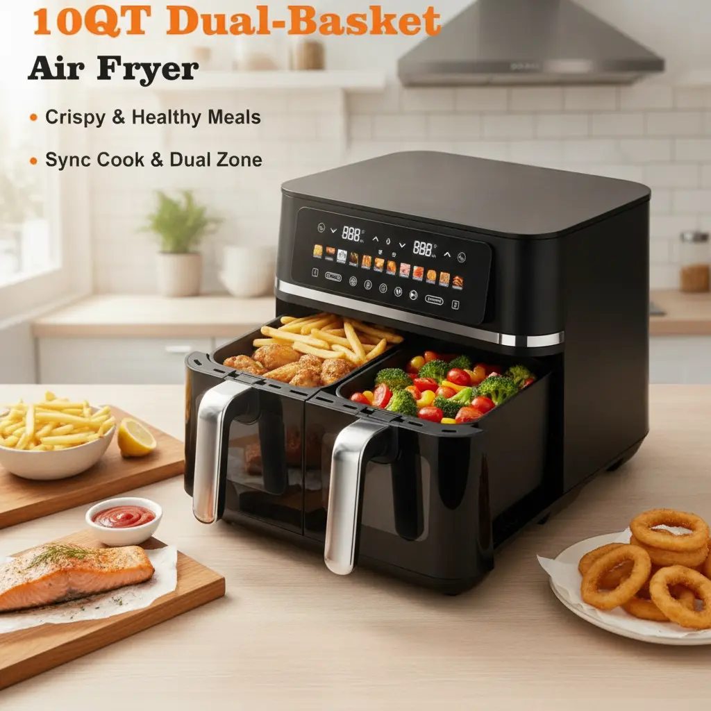 10Qt Capacity Dual Baskets Air Fryer - 12-In-1 Kitchen Supplies, Sync Cooking, End-to-Bake, Roast, Reheat, Broil for Family Meals, Dishwasher Safe, Includes 50 Polypropylene Air Fryer Paper Liners Multifunction Air Fryer Dual Basket Air Fryers