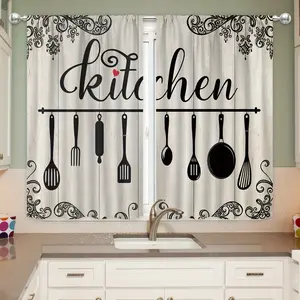 2D Flat - 2D Flat - Set of Vintage Kitchen Curtain Valances in 2D Flat Design Featuring a European Knife And Fork Pattern, Ideal for Home Decor in Cafes, Offices, Living Rooms, Bedrooms, And Dining Areas