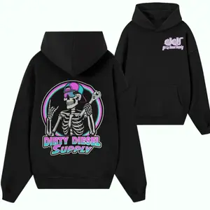 Dirty Diesel Supply "Skull Mechanic" Hoodie – Black Heavyweight Streetwear featuring a Skeleton Graphic with Neon Pink & Cyan Accents and Retro-Stylized Typography