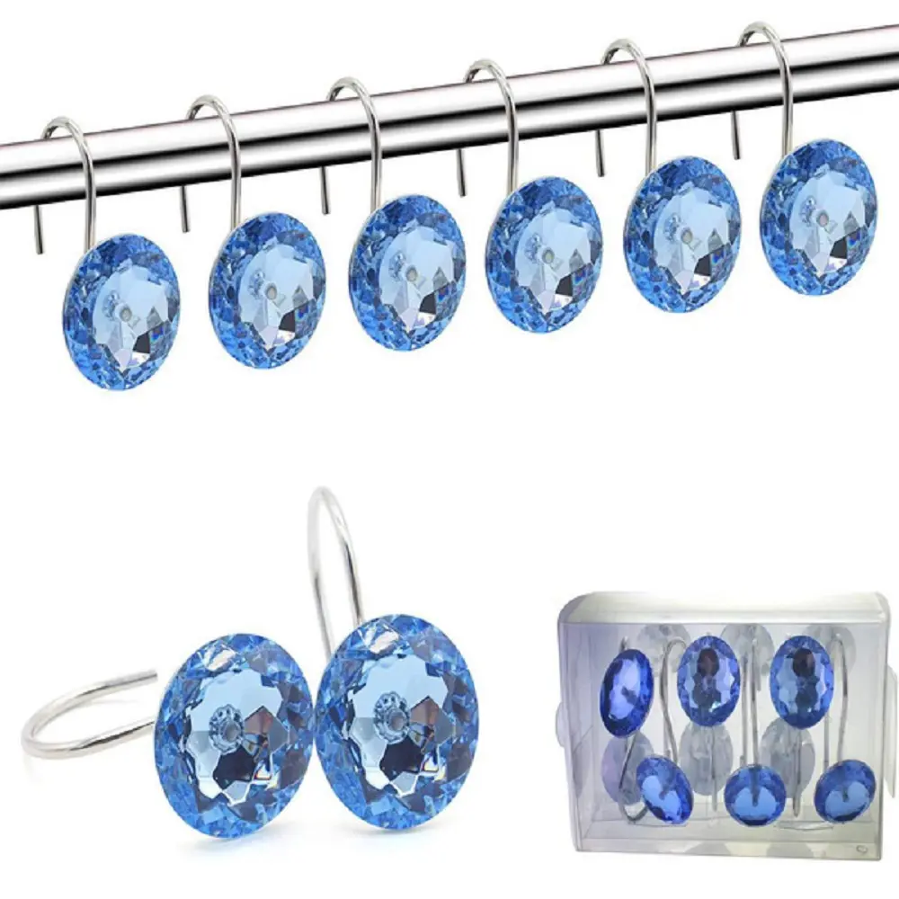 Watson Bathroom Acrylic Shower Curtain Rings, 12-Piece Rustproof Set with Blue Crystal Flower Design, Glam Decor for Straight Rod Bathrooms