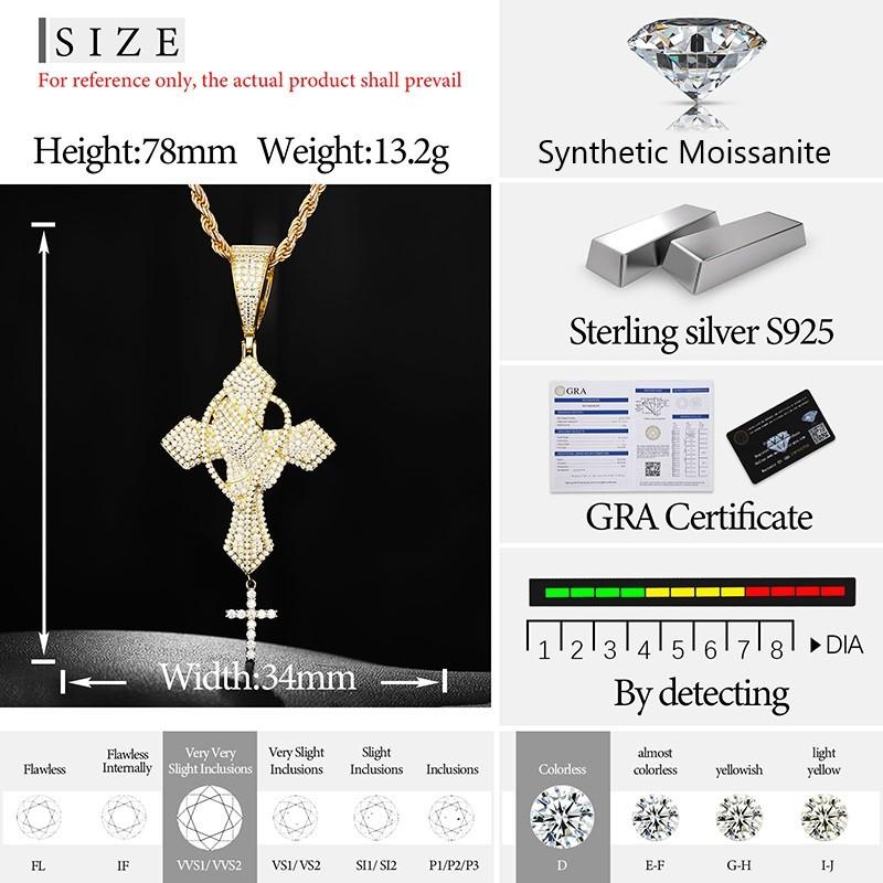 【#P277】UCCIYO Hip Hop Bling D Color Synthetic Moissanite Iced Out Praying Hands Cross Necklaces & Pendants For Men Jewelry 925 Sterling Silver Gifts