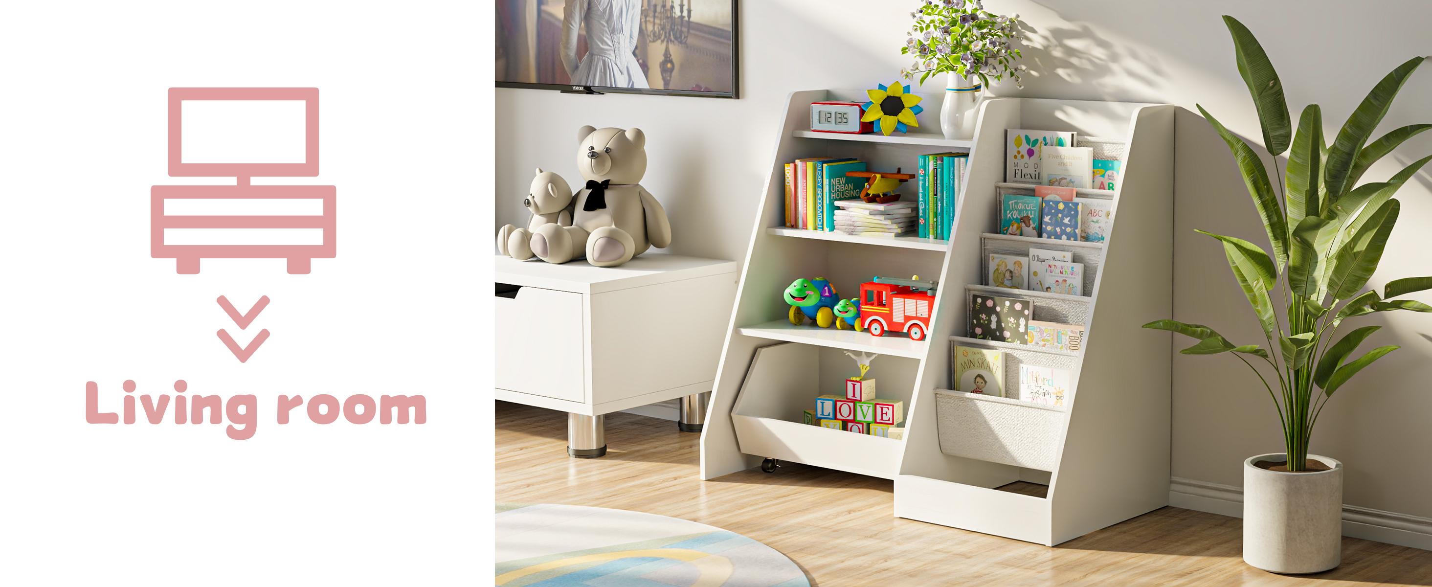 4-Tier Rolling Toy Storage Cabinet for Kids, 5 Layer Sling Toddler kids furniture,Baby Furniture Book Rack,Book and Toy Organizer Cabinet  with Wheels , White.
