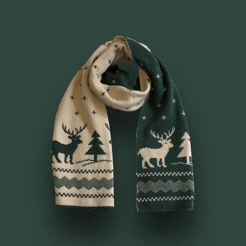 【Best Christmas Gift】Cubidupi Double-Sided 48-Fine Wool Christmas Scarf Reversible Knit with Reindeer & Snowflake Patterns for Holiday Warmth