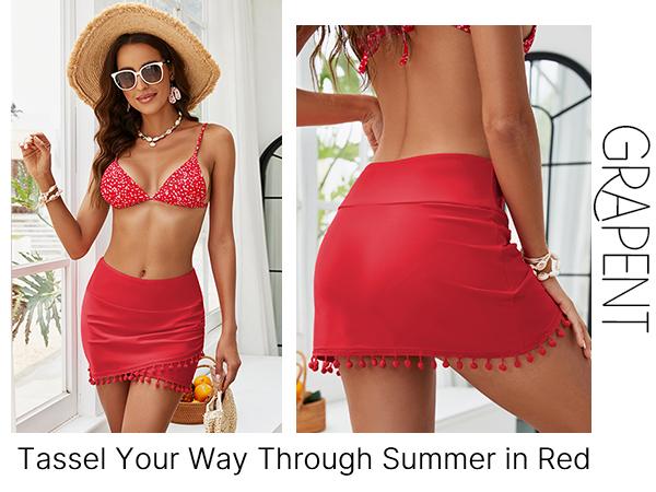 GRAPENT Women's Mid Waist Tassel Hem Swim Skirt Bikini Bottoms with Built-in Briefs Comfortable Elastic Waistband Soft Stretchy Fabric