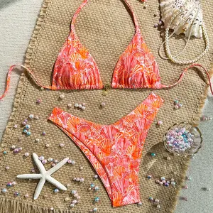 Seashell Print Bikini Set - Halter Triangle Top & Cheeky Tie-Side Bottoms Women Cute Bottoms Y2K Tropical Beach Swimwear