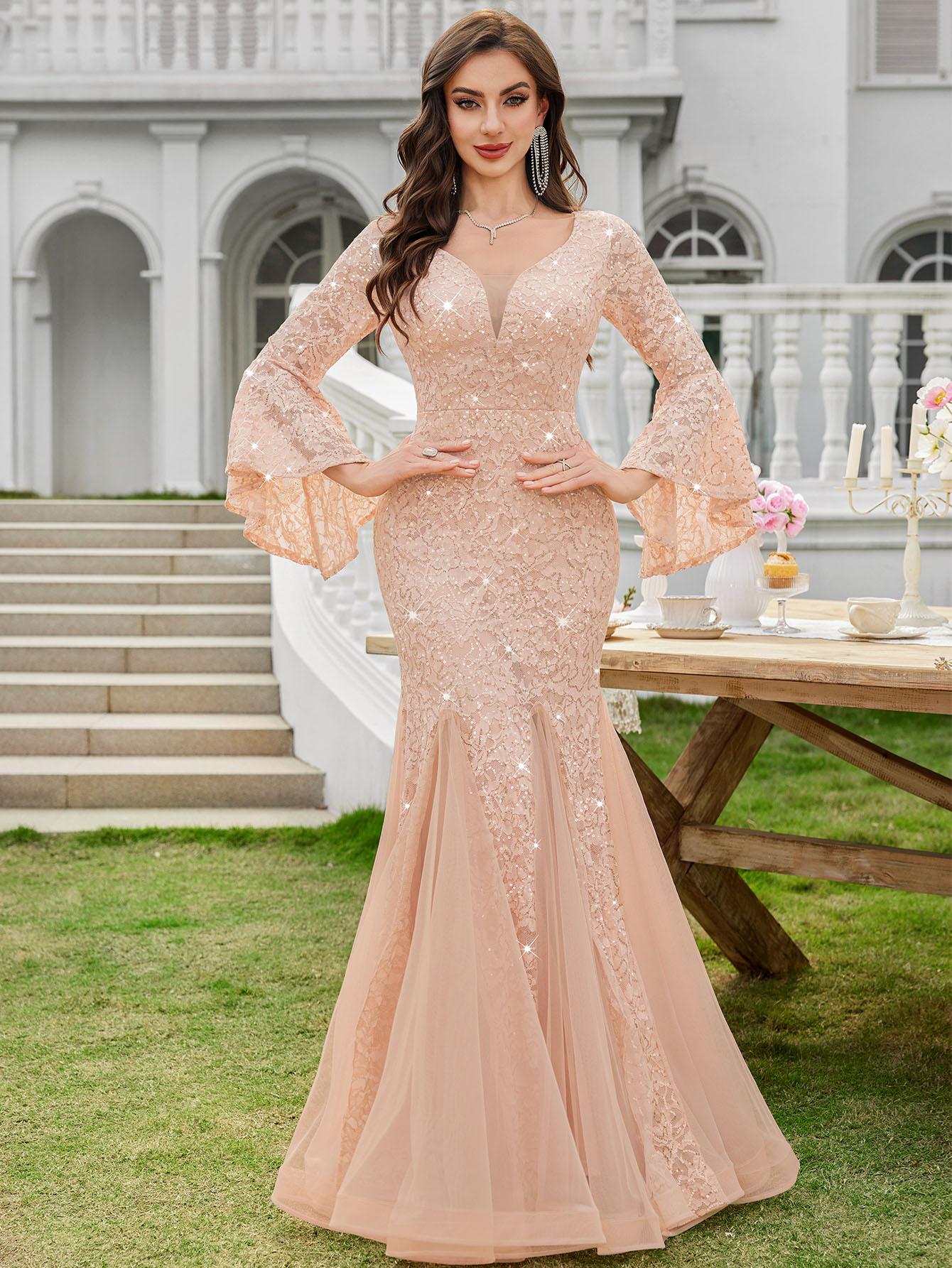 Miusol 24351A Women's Deep V Neck Sequin Floral Lace Mesh Tulle Hem Formal Evening Maxi Dress Navy Blue Elegant Design for Cocktail Parties & Evening Proms Winter wedding guest dress SpringStatements