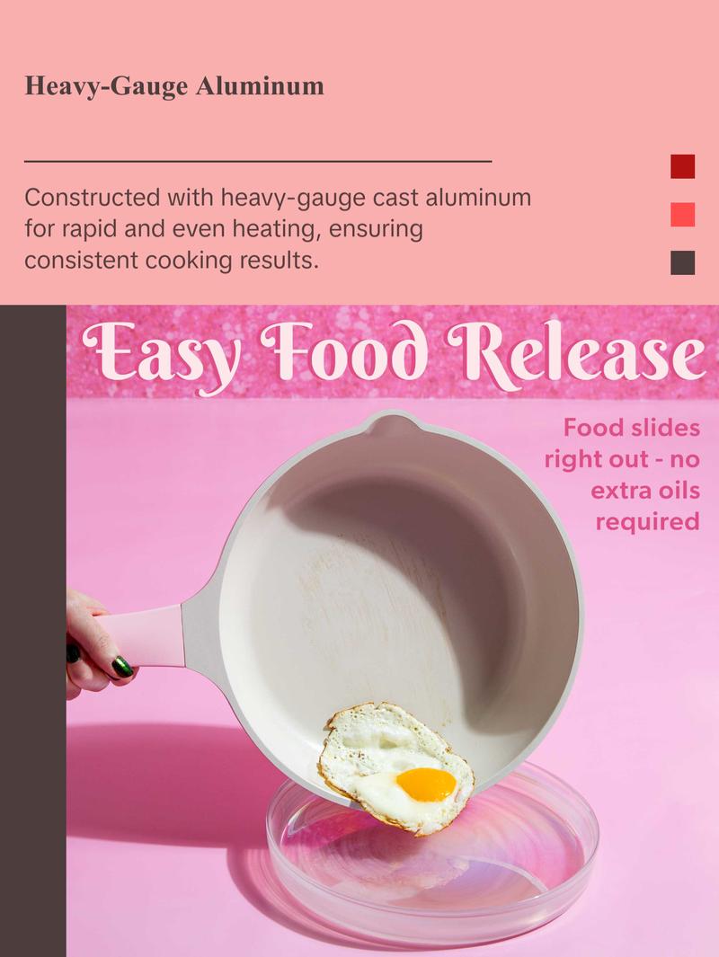 Paris Hilton Clean Ceramic™ Nonstick Cookware Set 10-Piece Cast Aluminum with Heart Knobs Soft Pink Finish Dishwasher Safe