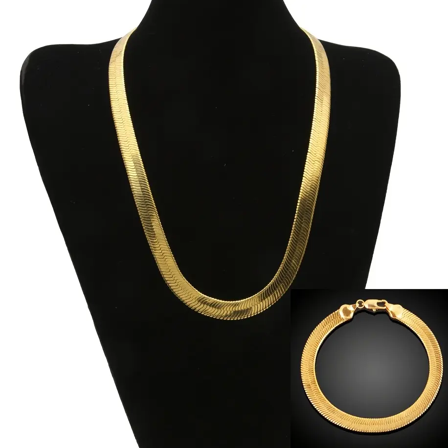 Men's 2pcs Bling Style Golden-Tone Flat Herringbone Necklace & Bracelet Set, Fashion Costume Jewelry Accessory