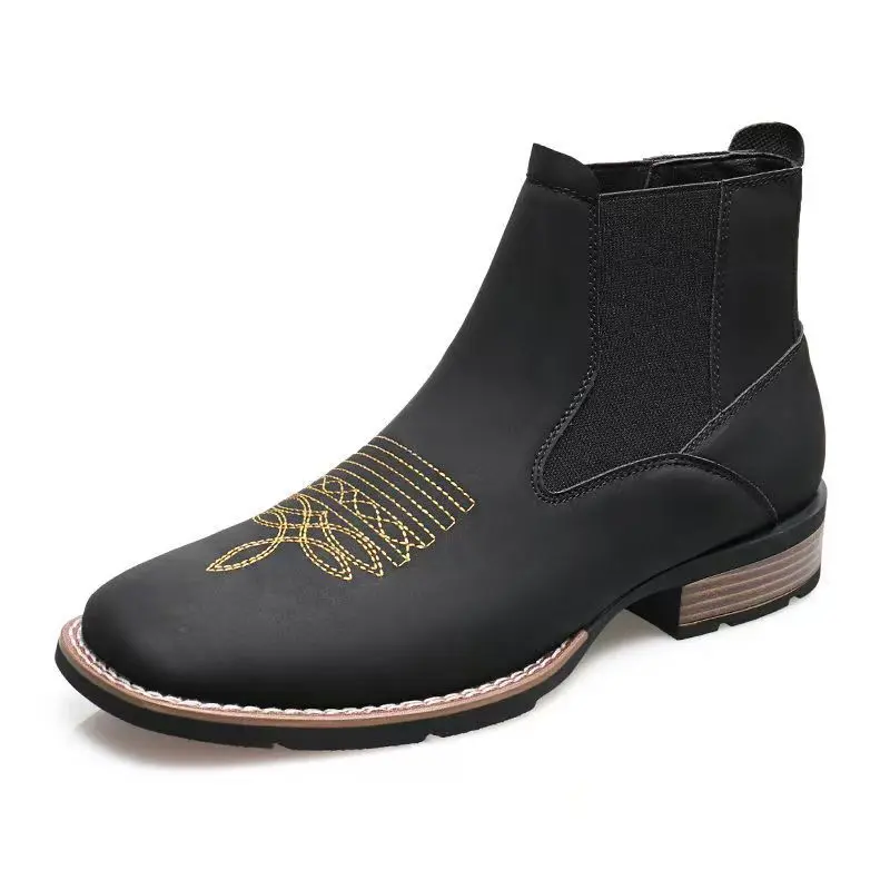 Men's Classic British-Style Handcrafted Embroidered Closed Chelsea Boots - Square-Toe Slip-On Walking Shoes for Outdoor Use, Stylish Black Sports Footwear
