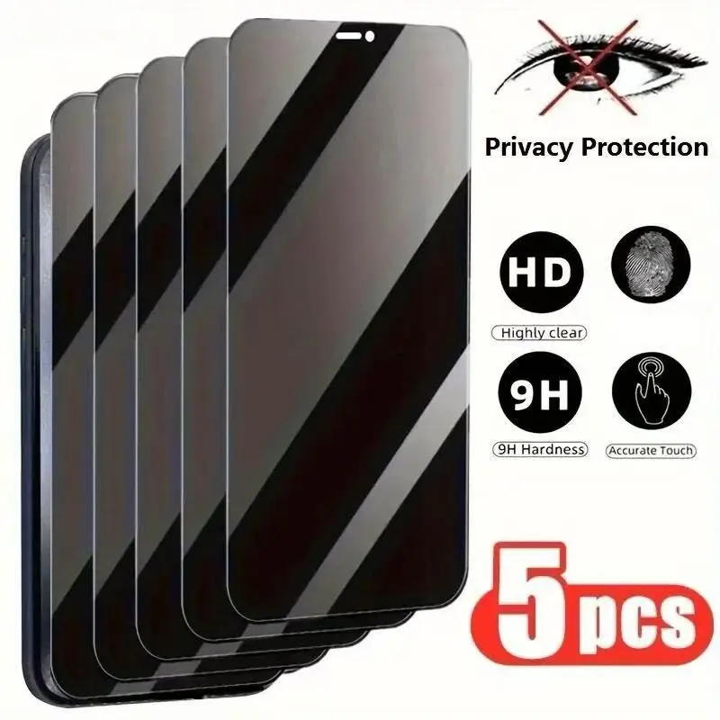 5 Pcs Anti Spy Privacy Screen Protector, Privacy Screen Guard, Compatible With Smartphone, iPhone 17/16/15/14/13/13 Pro/16 Pro Max/15 Pro Max/14 Pro/XR/XS Max/SE2/SE3, 9H+ Tempered Glass, Full-Coverage, Dynamic Island Compatible, Anti-Scratch