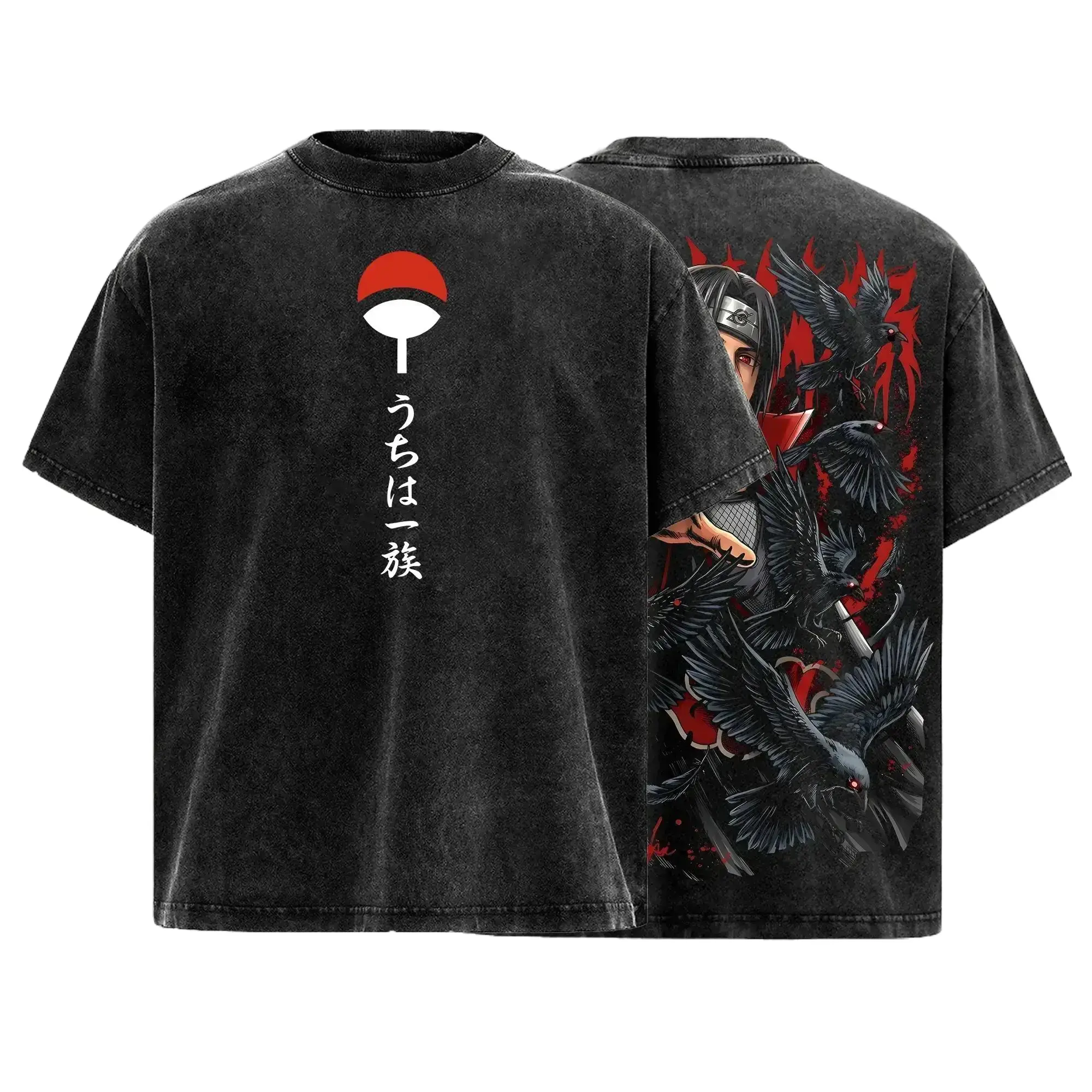 Uchiha Clan Slayer Red Eye Clan Crow Illusion Shinobi Anime Vintage Washed Oversized Graphic Tee Dark Ninja Streetwear Shirt