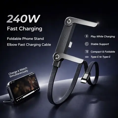 240W SuperCharge 2-in-1 Cell Phone Charger Extension - Detachable Single-Head USB-C, 360° Rotatable Invisible Folding Stand, Zinc Alloy Silicone Build, 2-in-1 Fast Multi-Charging Cables for Gaming Devices, Phone Accessories for iPhone
