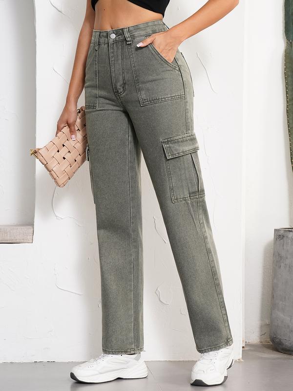 Women's High Waist Cargo Jeans Flap Pocket Wide Leg Denim Pants
