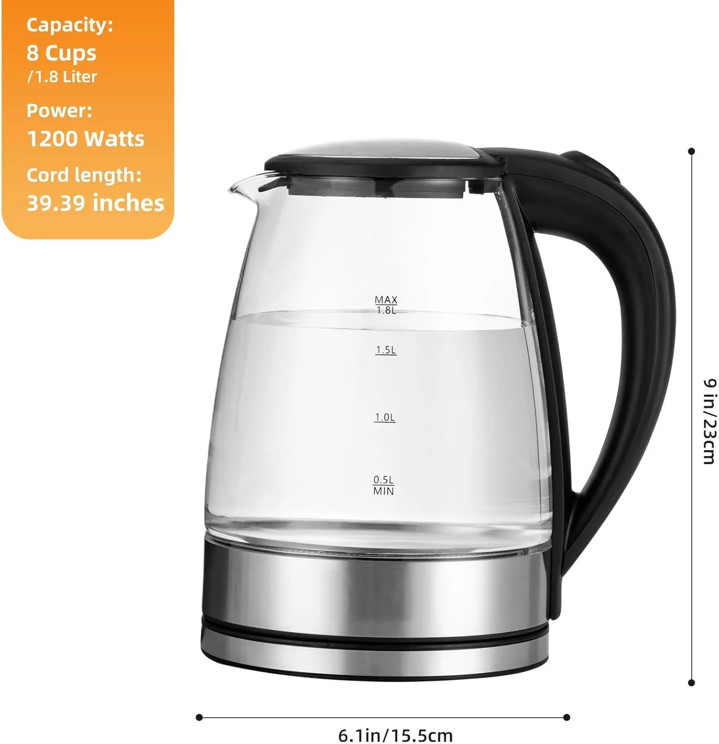 2L Transparent Stainless Kettle - Electric Glass Kettle with LED Light, 1-Touch Operation, Auto Shut-Off, Boil Dry Protection, Overheat Protection, Wide-Opening Detachable Lid, Drip-Free Spout for Home & Office Kitchen Appliances