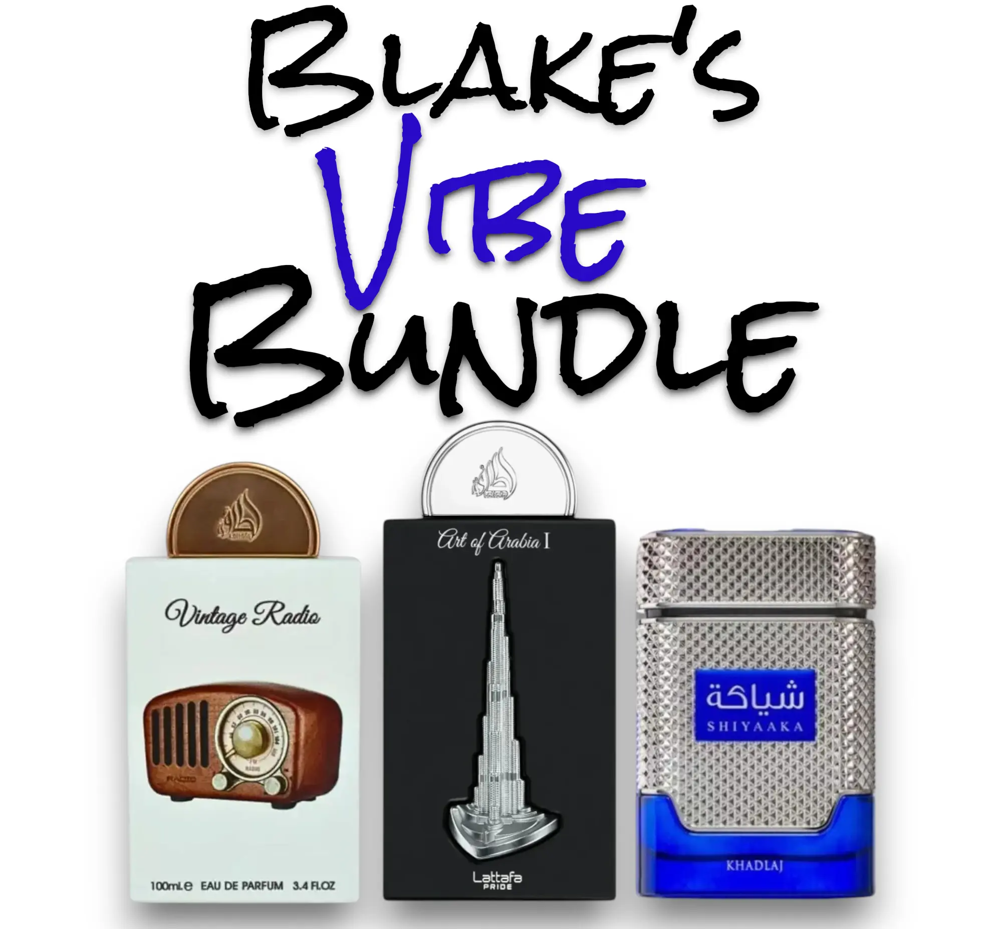 Blake's Vibe Bundle | Lattafa Perfumes | Khadlaj Perfumes | Vintage Radio + Art of Arabia + Shiyaaka Blue Bundle | Eau De Parfum | 100 ML - 3.4 oz | Citrus - Aromatic - Woody & Fresh Spicy Notes