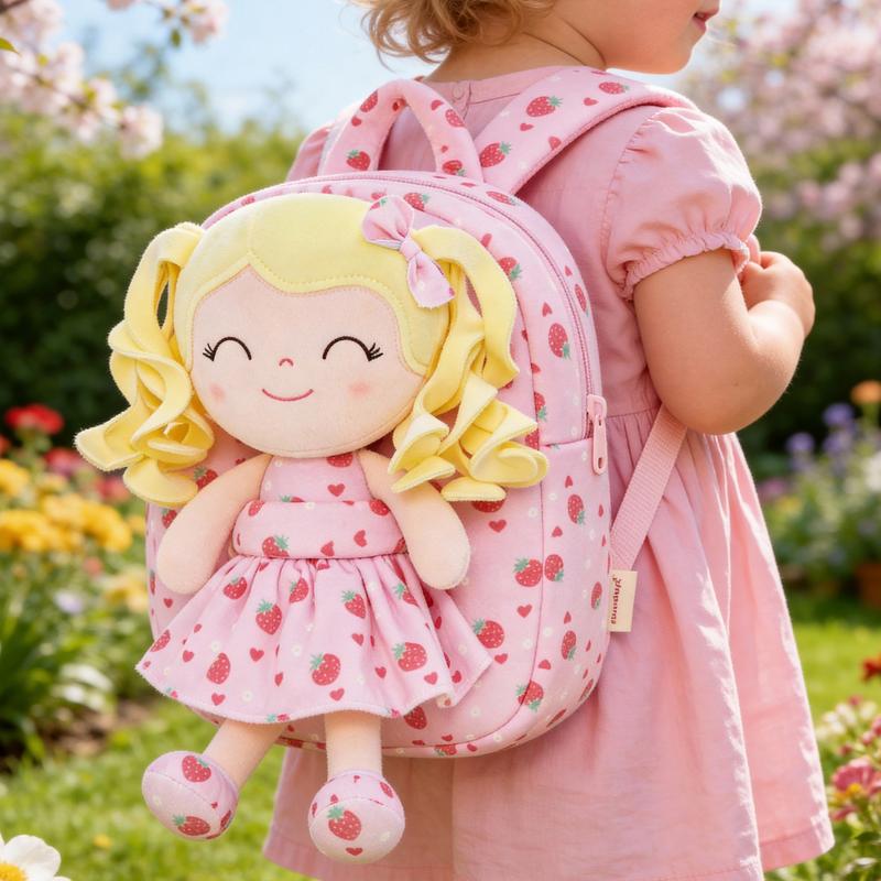 Gloveleya Strawberry Fruit Doll Backpack - 9" Soft Plush Toy Bag with Removable Berry Girl, 2-in-1 Toddler Backpack for Ages 2-4, Sweet Birthday & Valentine's Day Gift for Girls
