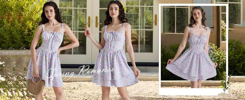 Floral Mini Corset Dress for Women Teen 2026 Summer Spring Flowy A-Line Sundress with Pockets