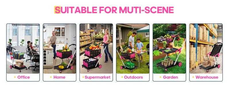 Foldable Utility Cart with Wheels,2 Layers Multifunctional Folding Cart for Cosmetic Organizer,Grocery,Office,Warehouse,Garden, Double Layers Foldable Shopping Cart,Folding Trolley for Luggage Heavy Duty(Blue/RED/PINK/Purple)