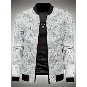 Men'S Fashion Printed Casual Sports Jacket with Pockets, Regular Fit Long Sleeve Bomber Jacket - Polyester, Zippered Front, No Waistband - All-Season, Solid Color - Casual Outwear for Men - Perfect for Everyday Wear & Outdoor Activities