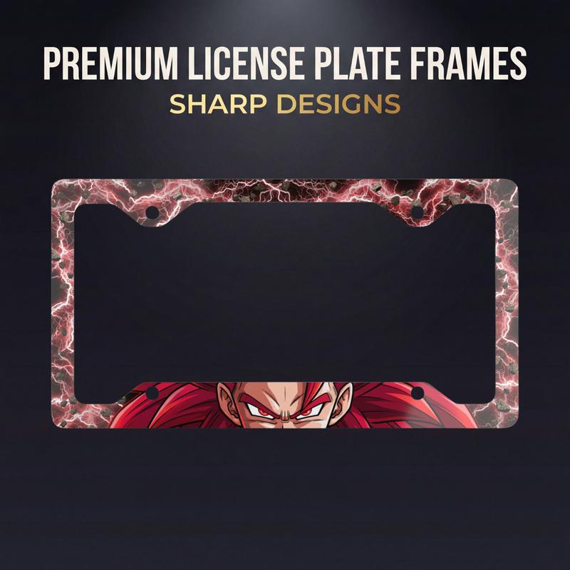 Angry Anime Warrior Metal License Plate Frame Red Lightning Accent Glossy Aluminum Full Color Print 12.3x6.5 Inch